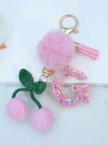 1pc Resin Starry Sky Epoxy English Letter Keychain With Tassel And Black Fur Ball Decoration, Heart Pendant Gift For Friend And Mom - Baby Pink - View 25