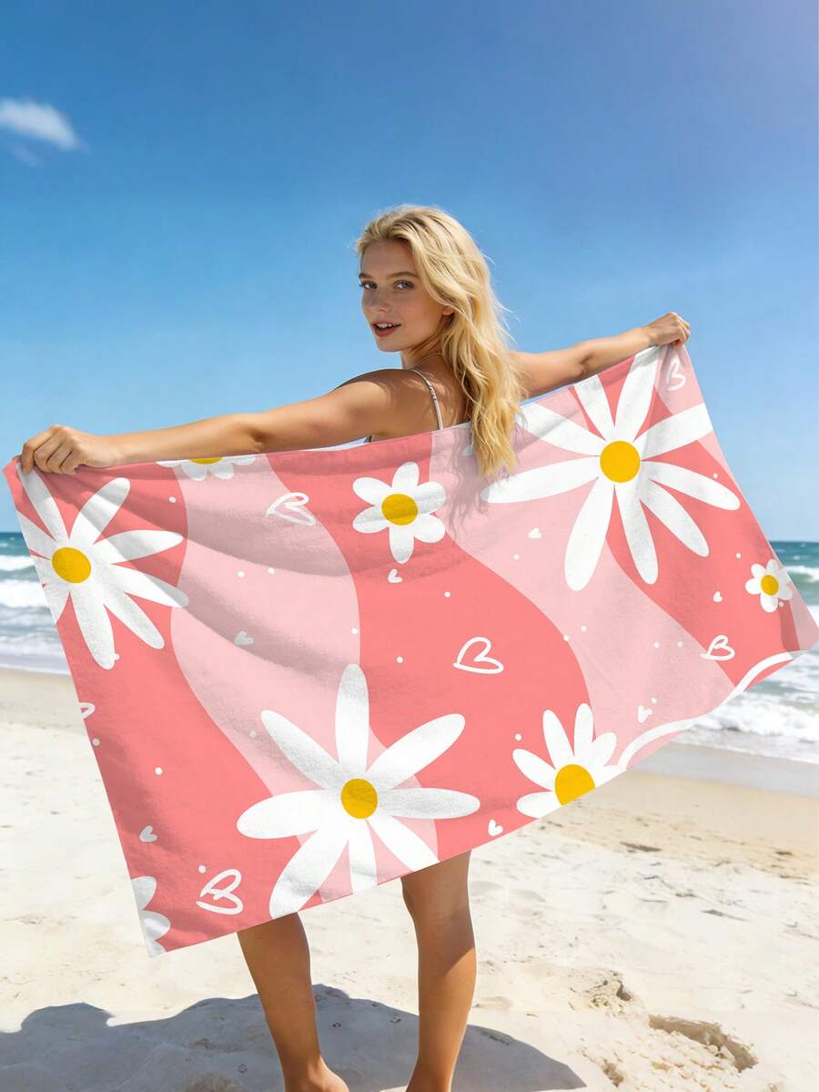 1pc Daisy Beach Towel, Daisy Print Microfiber Absorbent Sand-Proof Large Beach Bath Towel, Bathroom, Swimming, Fitness, Yoga, Camping, Soft Comfortable Microfiber Towel, Lightweight Portable, Windproof Sun Protection, Summer Travel, Bathroom, Beach Decor, Beach Vacation Essential Gift Beach Towel (Single-Sided Printing) - Rose-red Daisies - View 1
