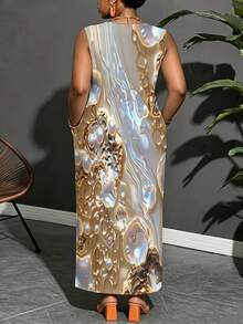Sleeveless Midi Dress With Abstract Pearl And Gold Pattern For Women Suitable For Leisure And Sports Scenarios - 彩色 - 查看 5