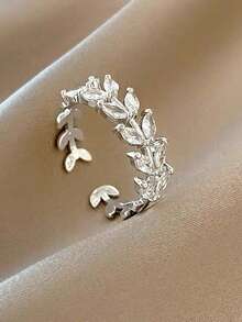 Juego de 5 anillos abiertos de cobre con hojas de circonita cúbica dulce, adecuado para vacaciones y bodas de mujeres (caja de regalo no incluida) - Plateado - Ver 11