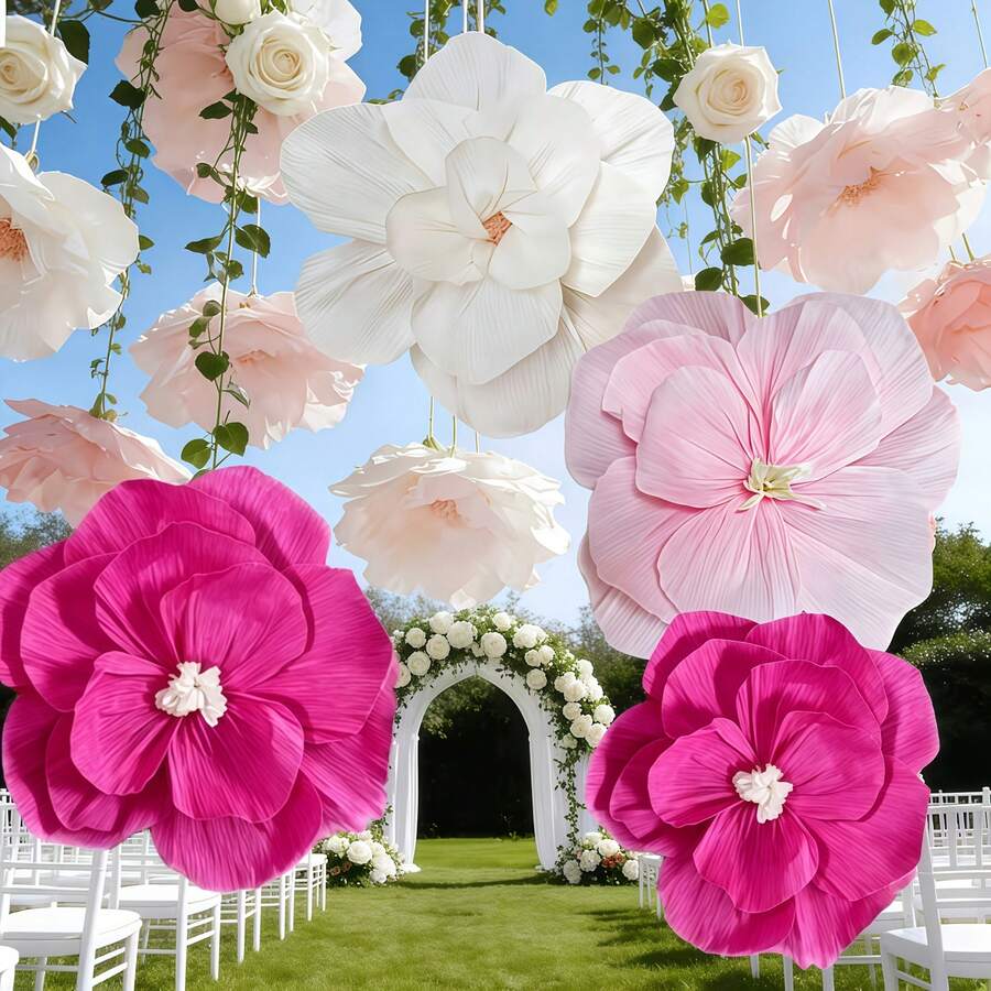 5/10/15 pezzi Fiori di carta 3D rosa/bianchi, fiori decorativi artificiali, accessori per decorazione di matrimoni e feste, adatti per feste di compleanno, matrimoni, raduni, celebrazioni, eventi festivi, decorazione dell'atmosfera della scena, parete di sfondo, parete, finestra, decorazione di archi, decorazione sospesa - multicolore - Visualizzare 1