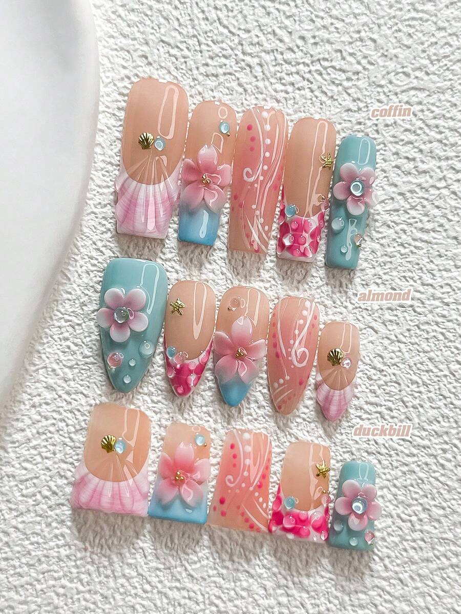 10片島嶼度假風手工穿戴甲,Polygel美甲套組,五瓣花與泡泡珠設計,藍色與粉色指甲油,甜美春季風,含美甲工具,3種尺寸可選,杏仁/鴨嘴/棺材形,適合派對、跳舞、日常配戴 - 彩色 - 查看 1
