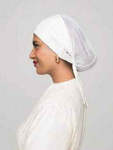 1 pieza Gorro interior con banda elástica incorporada y tiras de amarre, material suave, transpirable, absorbente de sudor, elástico y anti-pilling, adecuado para uso diario como capa base - Blanco - Ver 3