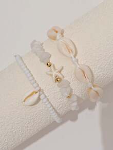 3Pcs/Set Boho Shell Starfish Stacked Bracelets For Women Stone Beaded Elastic Bracelet Summer Beach Jewelry Gift - White - View 2
