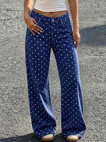 Celana Jeans Wanita Motif Polkadot Lucu, Celana Panjang Kasual, Desain Detail Kancing dan Resleting, Kain Tidak Melar - Navy Blue - View 2