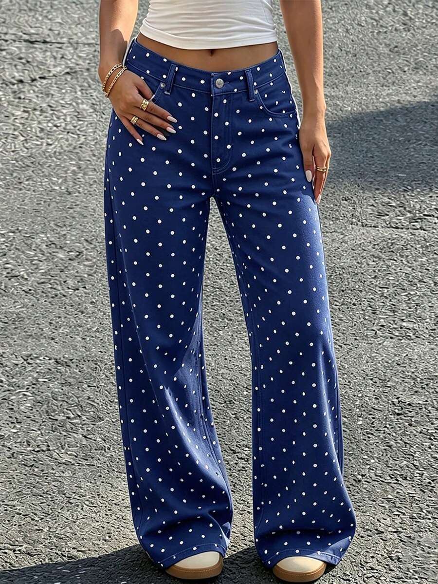 Celana Jeans Wanita Motif Polkadot Lucu, Celana Panjang Kasual, Desain Detail Kancing dan Resleting, Kain Tidak Melar