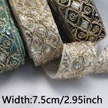 1/5 Yard High-End Embroidered Lace Trim With Fabric Backing, Floral Embroidery, Gold Sequin Decoration, Court Style Rhombus Embroidered Floral Pattern, Suitable For DIY, Sewing, Decoration And Beginner Sewing - Multicolor a - View 8