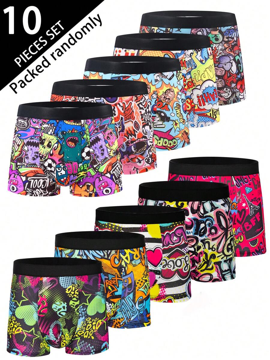 10 piezas/paquete Calzoncillos bóxer para hombre con estampado aleatorio, cómodos, de cintura media, elásticos y deportivos, estilo moderno - Multicolor - Ver 1