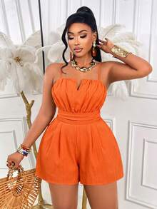 Women's Plus Size Sleeveless Orange Ruched Cami Jumpsuit, Short Ribbed Fabric Spaghetti Strap Romper Summer - Burnt Orange - View 4