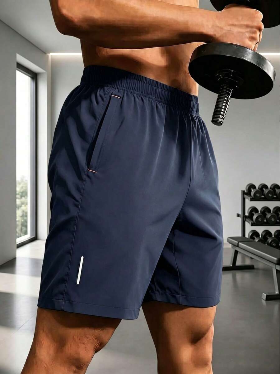 Men's High-Performance Casual Loose Quick-Dry Solid Color Sports Shorts, With Reflective Strip Design, Pockets, Zipper And Waist Drawstring - Royal Blue - View 1
