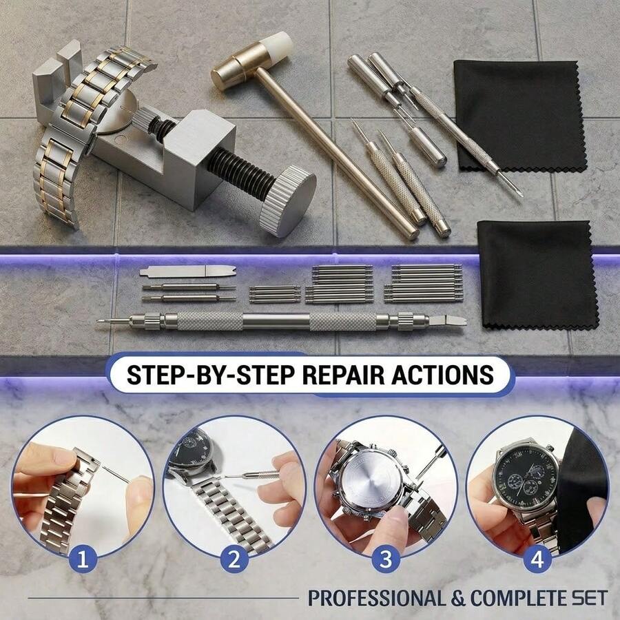 手錶錶帶拆卸工具組，專業手錶維修工具套件，用於手錶錶帶調整，含錘子的手錶銷釘拆卸工具，彈簧條工具，手錶錶帶尺寸調整用銷釘，鐘錶匠DIY手錶保養工具