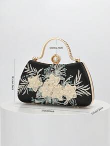 1件黑色刺繡花卉圖案單肩包,復古旗袍包,仙女手拿包,晚宴包,伴娘包,新娘包,方包,正式包,珍珠手拿包,亮片珠飾包,禮服包,鏈條單肩包 - 黑色 - 查看 7