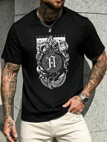 Camiseta gótica con Totenkopf-Grafik für Herren, Premium-Baumwolle, bequeme Passform, atmungsaktiv, l?ssig, Kunstdruck - Negro - Ver 2