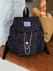 1 pieza Mochila con solapa y cordón con patrón de estrella/lazo, mochila de gran capacidad para uso diario, mochila ligera para el campus, accesorio de moda, adecuada para niñas/adolescentes/estudiantes, aplicable para escuela, trabajo, uso diario, viajes - Multicolor - Ver 14