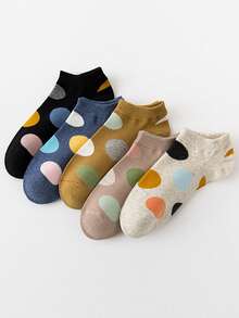 5 Pairs Women's Contrast Color Polka Dot Invisible Boat Socks, Korean Style Fresh Low-Cut Socks, Versatile For Commute And Campus - Multicolor - View 6