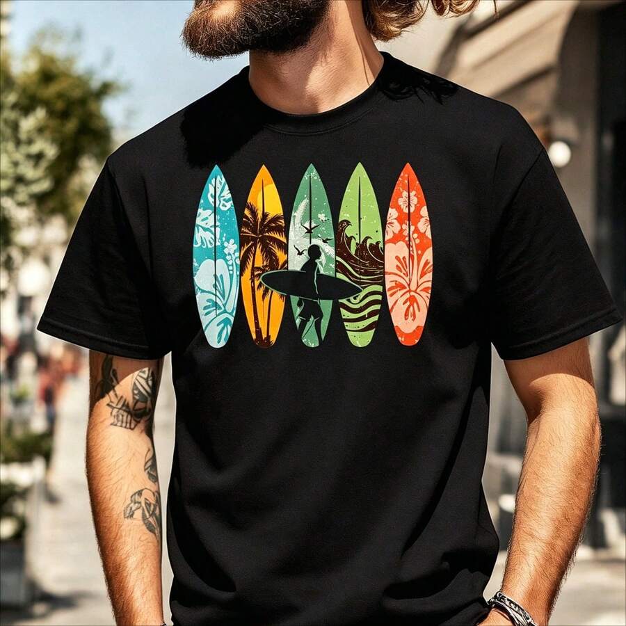 Men's Short Sleeve T-Shirt Funny Surfboarder Hawaii Wave Surfing Surfboard Lover Beach Surfer T-Shirt Unisex Soft Fabric,Comfortable For All Seasons - 黑色 - 查看 1