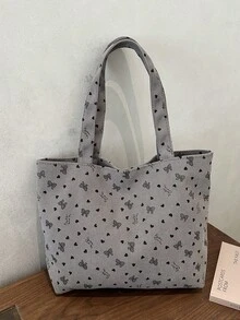Bolso de mano con estampado de fresa, bolso de mano de estilo lindo, bolso de hombro versátil de gran capacidad y moda para mujer, de pana, Kawaii - Gris - Ver 2