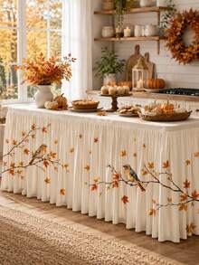 1pc Cream Autumn Bird Table Skirt, Farmhouse Style Polyester Rectangular Pleated Tablecloth Skirt, Maple Leaf Print, Decorative Buffet Dessert Tablecloth, Suitable For Thanksgiving Dinner, Autumn Wedding, Birthday Party And Home Decor - Multicolor - View 8