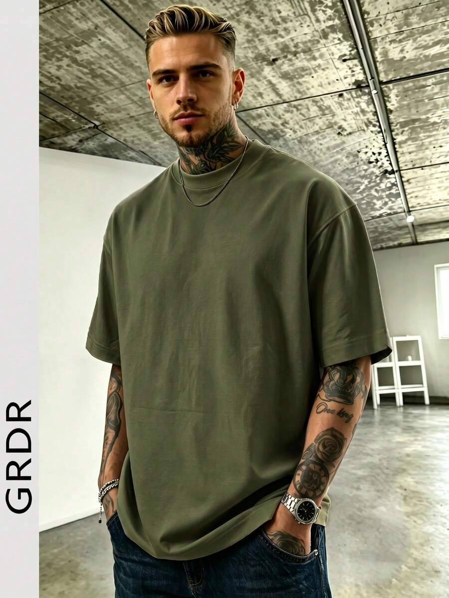 GRDR 男士时尚简约纯色圆领短袖T恤，适合日常休闲穿着