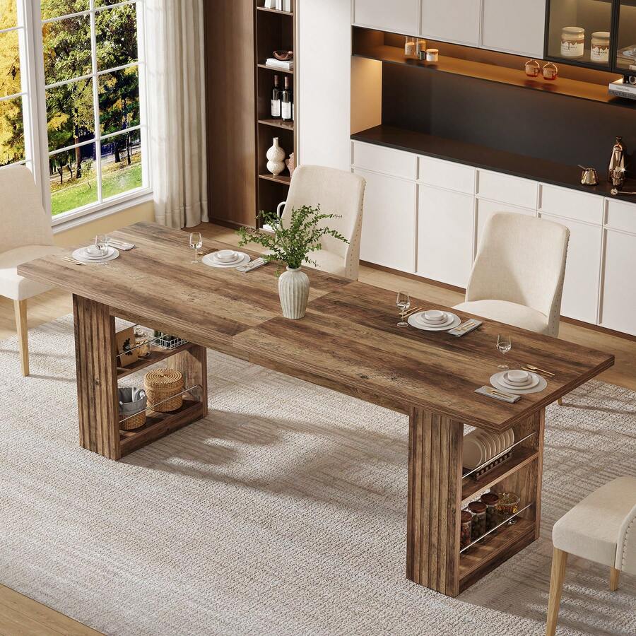 LITTLE TREE 79 Inch Farmhouse Dining Table For 6, Large Kitchen Table With Storage Shelves, Rectangular Wooden Dinner Table For Dining Room Kitchen, Brown - 棕色 - 查看 1