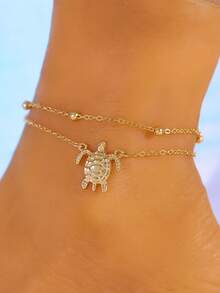 1pc Summer Ocean Style Sea Turtle Pendant Anklet, Versatile Personalized Jewelry For Women, Beach Vacation Accessory, Gift For Friends Or Family (Random Bead Quantity) - Yellow Gold - View 4
