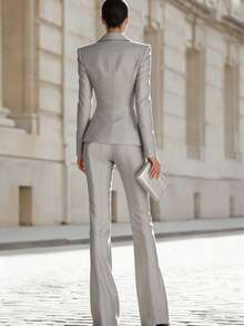 Women's Elegant Lined Suit Set Grey, Double-Breasted Blazer And High-Waisted Trousers, Suitable For Office Commute Wear Fall - Light Grey - View 2