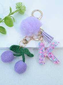 1 buah Gantungan Kunci Huruf Inggris Resin Bermotif Langit Berbintang dengan Hiasan Rumbai dan Bola Bulu Hitam, Liontin Hati, Hadiah untuk Teman dan Ibu - Mauve Purple - View 9