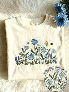 Y2K Style, Fashion Style, Newest 2026, Cute Style, Casual Style, Women's Blouses > Clothing. Sunflower Embroidery Design, Vibrant Floral Print Spring And Summer Set For Women, Casual Round Neck Short Sleeve T-Shirt For Women 180g (S-XXXL) - 杏子 3 - 查看 1