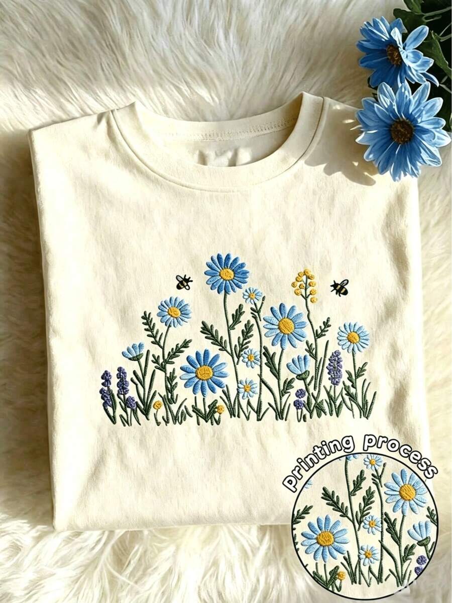 Y2K Style, Fashion Style, Newest 2026, Cute Style, Casual Style, Women's Blouses > Clothing. Sunflower Embroidery Design, Vibrant Floral Print Spring And Summer Set For Women, Casual Round Neck Short Sleeve T-Shirt For Women 180g (S-XXXL) - 杏子 3 - 查看 1