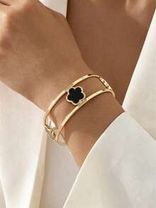 1 Stück Exquisites Design Schwarzes Glücks-Fünfblatt-Kleeblatt Doppellagiges Linien Offenes Armband Für Teenager - Schwarz - Übersicht 1