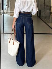TOP Women's Casual Straight Leg Jeans, Extra Long, Button Decor, Mid-Stretch Fabric, Comfortable Wear Fall - Dark Wash - View 5