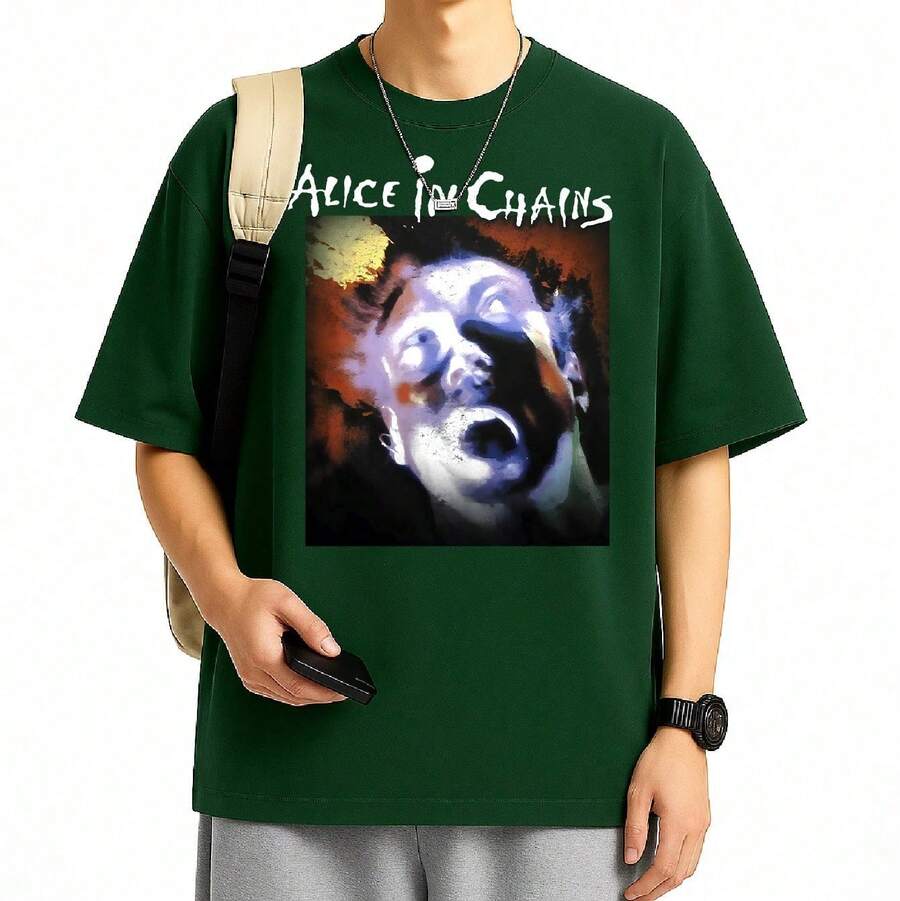 Men's T-Shirt, Alice In Chains Rock Band, 100% Cotton, International Music, Grunge, Unisex, Immediate Shipping, Various Colors, Green T-Shirt - 軍綠色 - 查看 1