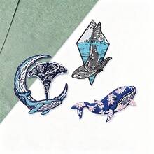 3 Pcs/Set Ocean Whale Iron On Patches, Sakura & Moon Embroidered Appliques For Jeans Jackets Backpacks DIY Decoration - Multicolor - View 2