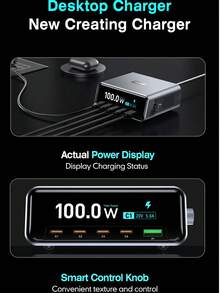 HEARTIGER 100W GaN 智慧桌面充電站，2.3 吋 HD 大螢幕即時充電功率顯示，4 個 USB-C 接口 + 1 個 USB-A 接口快速充電輸出，相容 Apple/Android 手機、平板、筆電，智慧旋鈕控制，多裝置同時快充，全新桌面充電體驗 - 黑色 - 查看 8