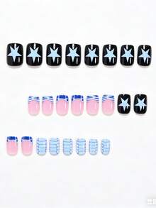 Elevate Your Style 24PCS Short Square Fake Nails Y2K Style Pink Solid Color Base Natural Brightening Star Tortoiseshell Striped Fashion Y2K Millennium Suitable For Women And Girls Suitable For Spring And Summer Wear Novelty Press-On Removable Reusable Nail Art Set - Multicolor - View 5
