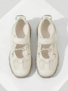 ZKBBO Women's Off-White PU & Breathable Mesh Mary Jane Thick Sole Athletic Shoes, Adjustable Hook & Loop Strap Non-Slip Rubber Chunky Sole Casual Walking Training Shoes, Drawstring Hollow Lightweight Comfortable Outdoor Daily Street Fashion Sneakers - White - View 2
