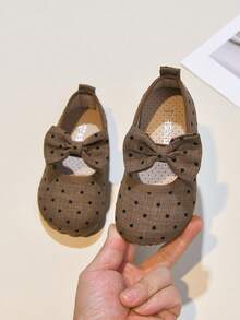 Girls' Linen Polka Dot Bow Decor Breathable Soft Sole Mary Jane Flats, Suitable For Spring And Summer - Coffee Brown - View 8