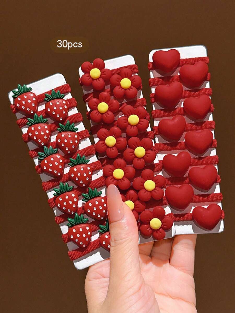 30pcs Red Flower Strawberry Hair Ties, Sweet Style Hair Accessories Suitable For Daily Use Ponytail Elastics Rubber Bands