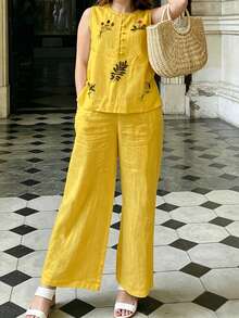 Women's Summer Solid Color Casual Embroidered Round Neck Sleeveless Top And Solid Color Long Pants 2-Piece Set Yellow Elegant - Yellow - View 4