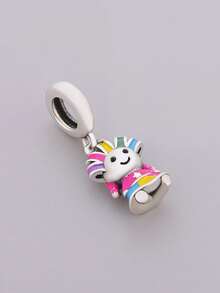 1pc S925 Sterling Silver Colorful Doll Pendant Bead, Resin Childlike Style Little Girl DIY Bracelet Charm - Silver - View 2