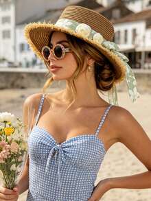 1 Stück Damen Strohhut, bohemischer Polyester, modischer Outdoor-Stil, neuer Stil, breite Krempe, personalisierter Sonnenschutz, atmungsaktiv, einfarbig, Strohhut, geeignet für tägliche Outdoor-Reisen - Verschiedenfarbig - Übersicht 3