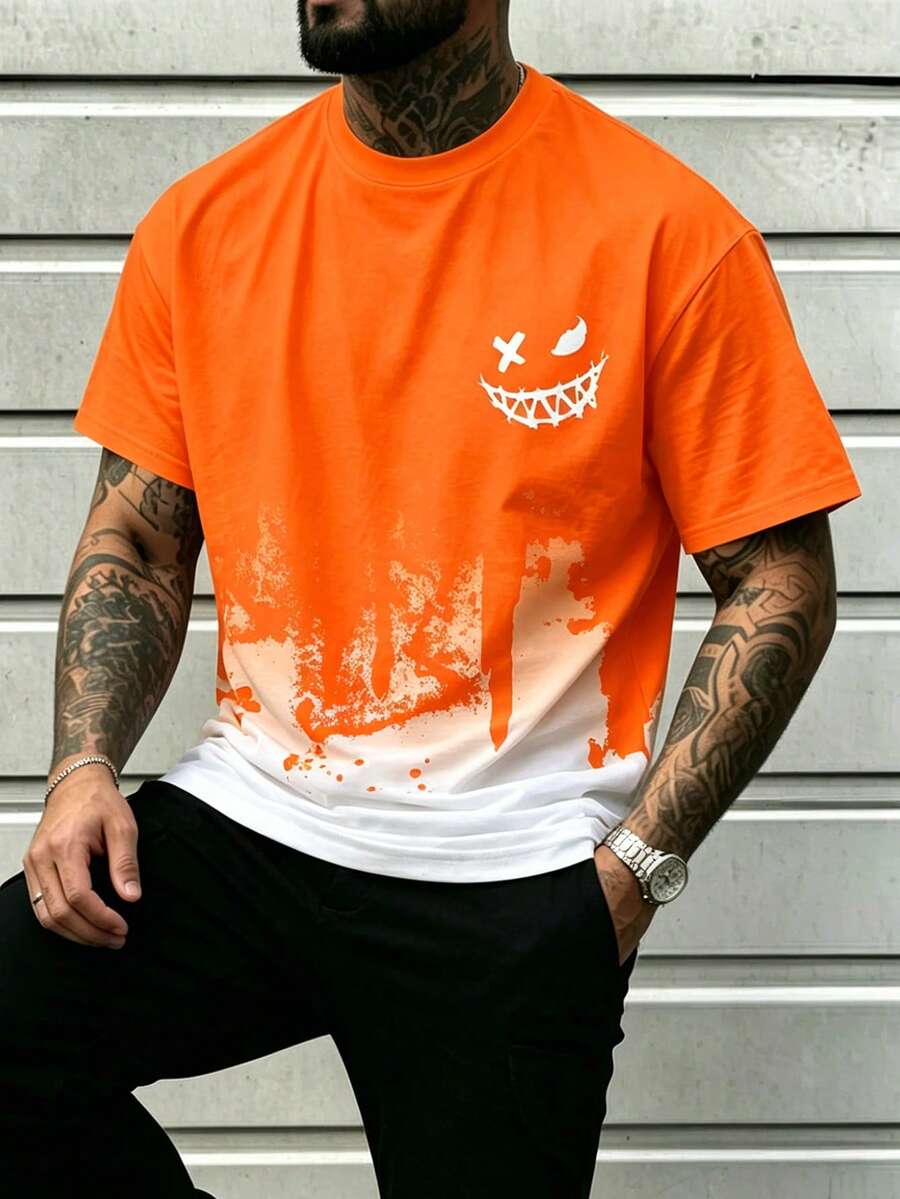 Camiseta de manga corta con cuello redondo de estilo gótico de bloques de color para hombre talla grande de verano - Naranja - Ver 1