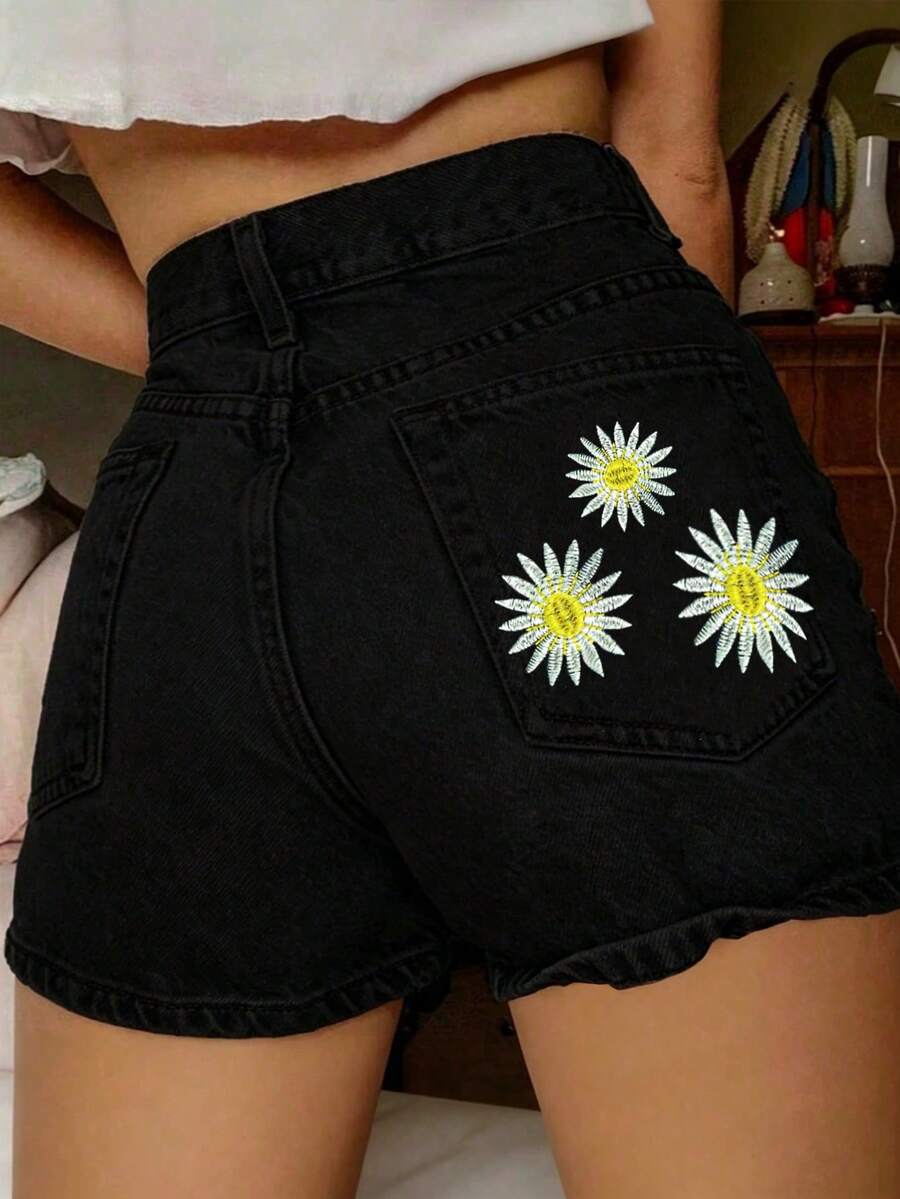 Shorts de mezclilla sin estiramiento con bolsillos y bordado para adolescentes y estudiantes femeninas - Negro - Ver 1