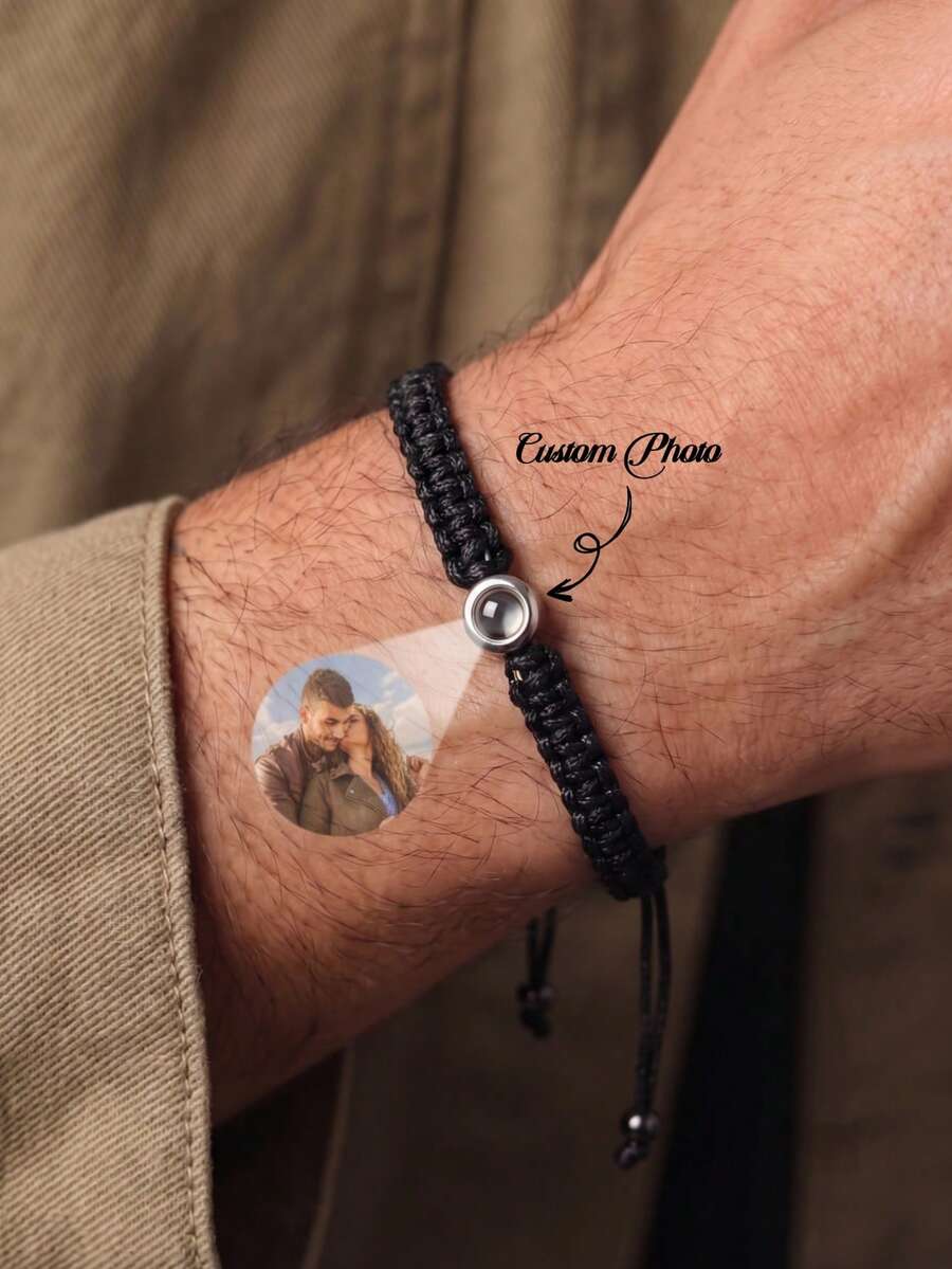 1PC Customized Photo Woven Projection Bracelet, Black Personalized Couple Bracelet, Picture Inside Memorial Bracelet