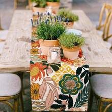 1 pieza Camino de mesa de lino con textura de estampado floral tropical bohemio, camino de mesa decorativo con patrón geométrico de mandala y hojas para comedor, cocina, mesa de café, decoración del hogar y fiestas - Multicolor - Ver 5