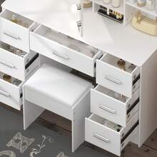 Teousev Dressing Table With Mirror, Vanity Desk, Adjustable 3-Colour LED Lights, Makeup Desk With Stool, 8 Drawers, Open Storage Spaces, 40 X100x140Cm, Modern, White - White - View 6