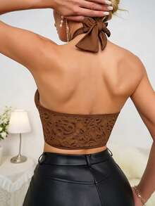 Brown Patchwork Floral Lace Bustier Crop Top - Y2K Style Urban Streetwear OOTD - Brown - View 6