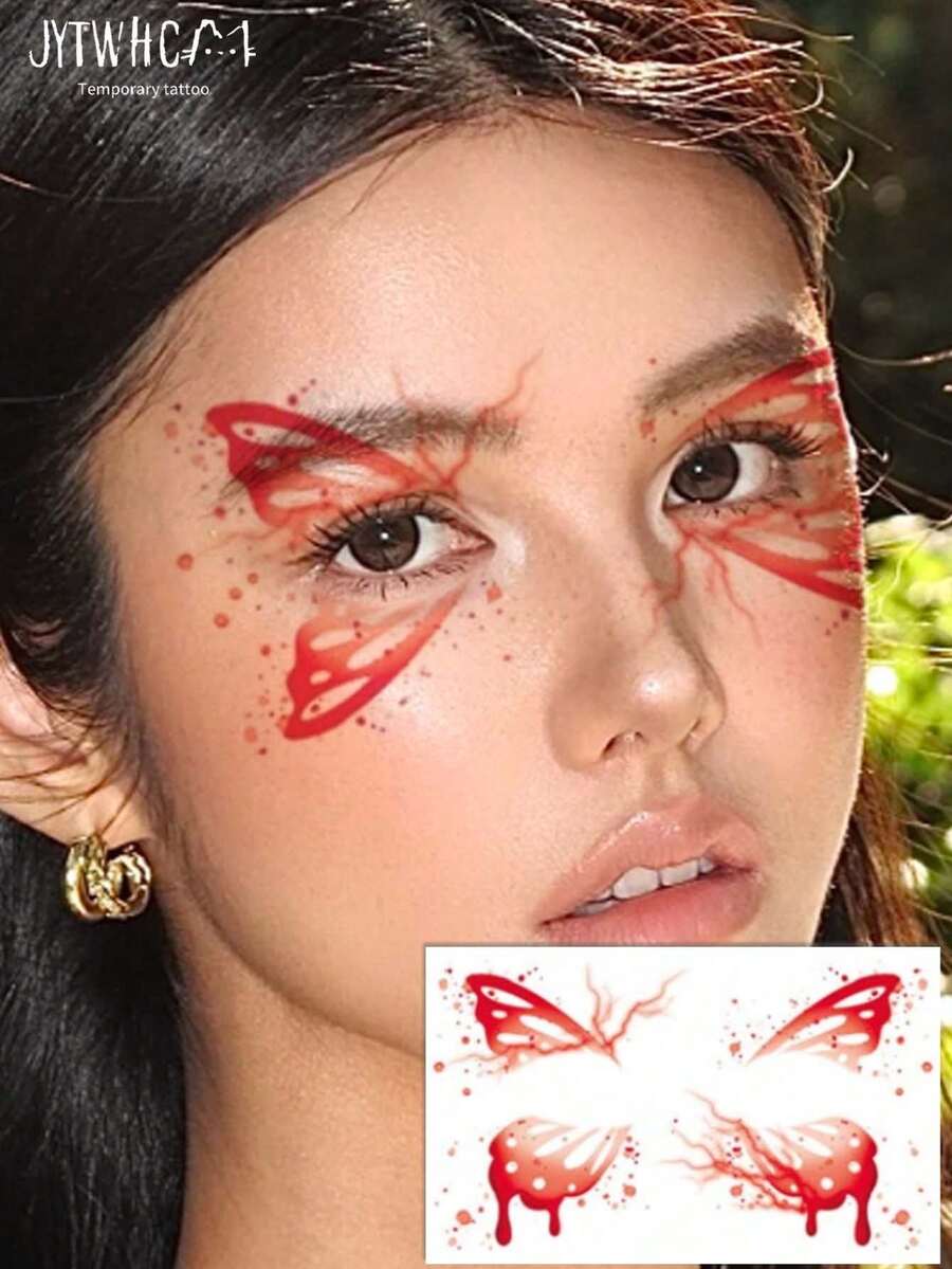 1件血紅色蝴蝶圖案臨時臉部眼影紋身貼,適合男女臉部藝術假紋身貼紙,多功能中性一次性紋身貼,易貼易撕,適用萬聖節嘉年華藝術裝飾貼紙DIY禮物貼紙 - 紅色 - 查看 1