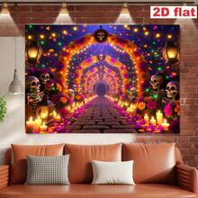 1pc Mexican Day Of The Dead Marigold Background Fabric, Made Of Polyester. It Features A Marigold Archway, Skulls. Suitable For Day Of The Dead Memorial Parties, Mexican Style Events, Halloween Party Decorations, And Party Decorations, Etc. - A - View 5