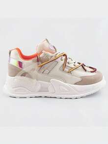 Women's Sneakers With Double Laces, Sports Shoes, Laces, Imitation Leather. - Beige - View 5